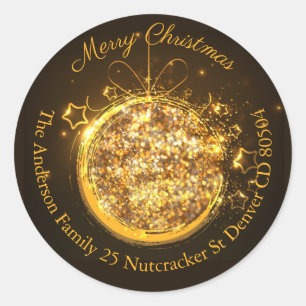Christmas bauble gouden glitter adres ronde sticker