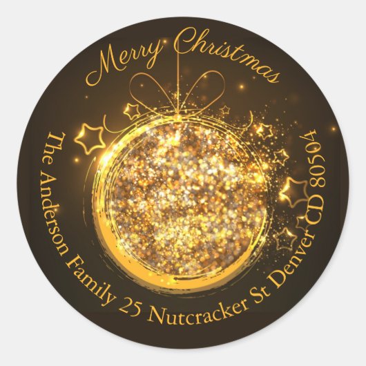 Christmas bauble gouden glitter adres ronde sticker (Voorkant)