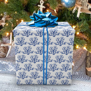 Christmas Beach Marine Blauw Wit Koraal Patroon Cadeaupapier