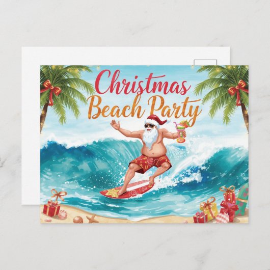 Christmas Beach Party – Tropical Santa Surfing  Uitnodiging Briefkaart (Voorkant / Achterkant)
