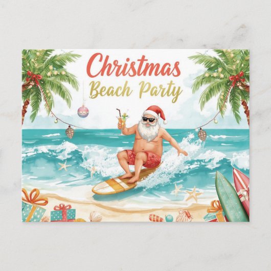 Christmas Beach Party – Tropical Santa Surfing  Uitnodiging Briefkaart (Voorkant)