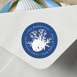 Christmas Beach Sand Dollar Navy Terugkeeradres Ronde Sticker