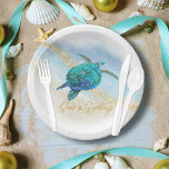 Christmas Beach Zee Turtle Zeeen en Groeten Papieren Bordje<br><div class="desc">Vermaak uw gasten in kustvakantiestijl, met deze borden van tropisch strandkerstpapier, met een waterverf turquoise blauwe zeeen schildpad op een abstracte strandachtergrond met een faux gouden glitter sprankelende golf, en gouden Zeeen & Groeten. Bekijk het collectie voor meer overeenkomende producten of neem contact met me op via Zazzle Chat als...</div>