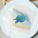 Christmas Beach Zee Turtle Zeeen en Groeten Servet<br><div class="desc">Vermaak uw gasten in kustvakantiestijl, met deze borden van tropisch strandkerstpapier, met een waterverf turquoise blauwe zeeen schildpad op een abstracte strandachtergrond met een faux gouden glitter sprankelende golf, en gouden Zeeen & Groeten. Bekijk het collectie voor meer overeenkomende producten of neem contact met me op via Zazzle Chat als...</div>