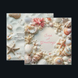 Christmas Beach Zeeen & Groeten Feestdagenkaart<br><div class="desc">Mooie schelpen,   parels,  zeesterren en roze koraal kerstkrans. Voor die gelukkige mensen die niet te maken hebben met tonnen sneeuw en in de winter naar het strand kunnen gaan.</div>
