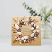 Christmas Beach zeeschelpen dennenappels zeewier Feestdagenkaart (Staand voorkant)