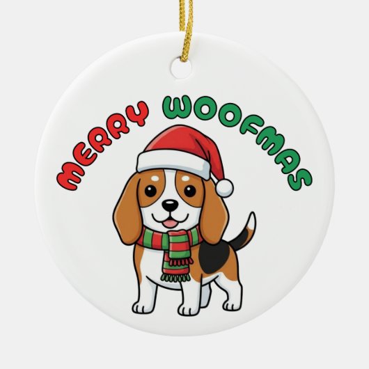 Christmas Beagle Ornament: Merry Woofmas Keramisch Ornament (Voorkant)