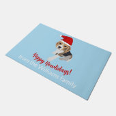 CHRISTMAS BEAGLE PUPPY IN RED XMAS SANTA HAT BLUE DEURMAT (Schuin)