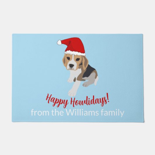 CHRISTMAS BEAGLE PUPPY IN RED XMAS SANTA HAT BLUE DEURMAT (Voorkant)