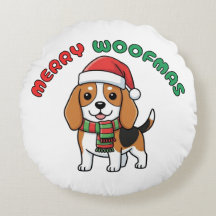 Christmas Beagle Round Pillow: Merry Woofmas