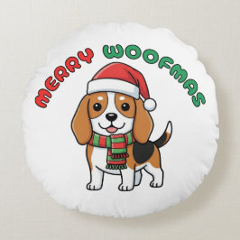 Christmas Beagle Round Pillow: Merry Woofmas Rond Kussen