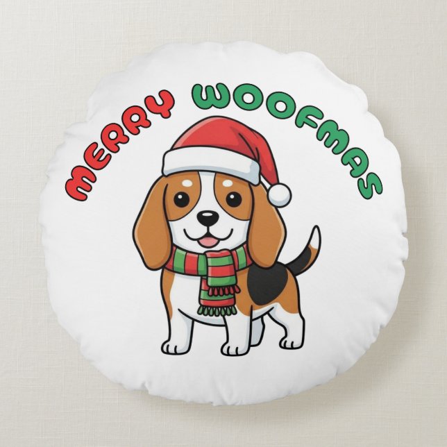 Christmas Beagle Round Pillow: Merry Woofmas Rond Kussen (Voorkant)