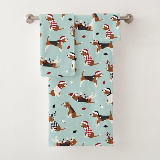 Christmas Beagles Blue Bath Towel Set Bad Handdoek (Insitu)