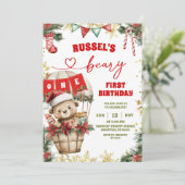 Christmas Bear Air Balloon First Birthday Kaart (Staand voorkant)