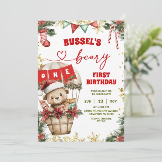 Christmas Bear Air Balloon First Birthday Kaart (Staand voorkant)