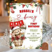 Christmas Bear Air Balloon First Birthday Kaart