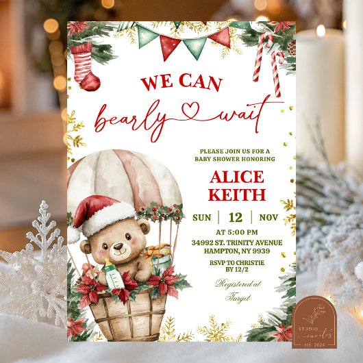 Christmas Bear Air Balloon Santa Boy Baby Shower Kaart
