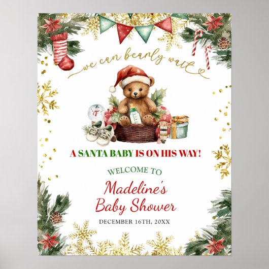 Christmas Bear Santa Boy Baby Shower Welcome Sign Poster (Voorkant)