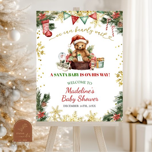 Christmas Bear Santa Boy Baby Shower Welcome Sign Poster