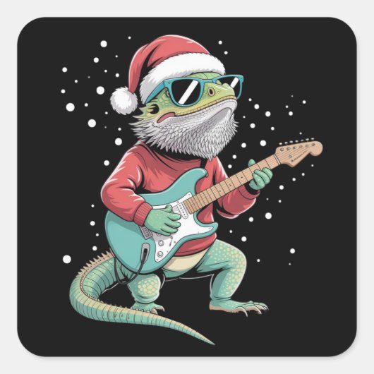 Christmas Bearded Dragon Playing Guitar Musician  Vierkante Sticker (Voorkant)