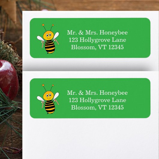 Christmas Bee Holding Candy Canes Return Address Etiket