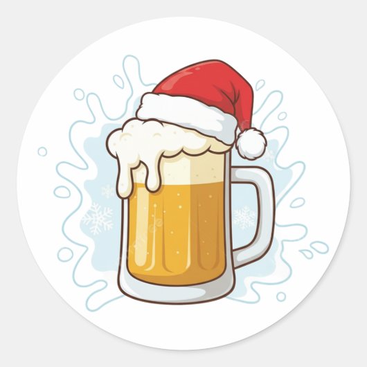 Christmas Beer Mug with Santa Hat Funny Holiday Ronde Sticker (Voorkant)
