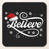 Christmas Believe Santa Claus - Santa Hat Zwart Kartonnen Onderzetters (Voorkant)