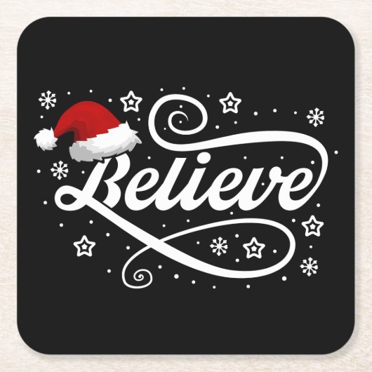 Christmas Believe Santa Claus - Santa Hat Zwart Kartonnen Onderzetters (Voorkant)