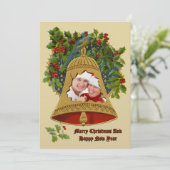 Christmas Bell & Holly Wreath Berries Border Photo Feestdagenkaart (Staand voorkant)