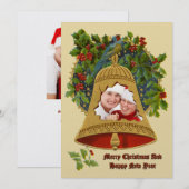 Christmas Bell & Holly Wreath Berries Border Photo Feestdagenkaart (Voorkant / Achterkant)