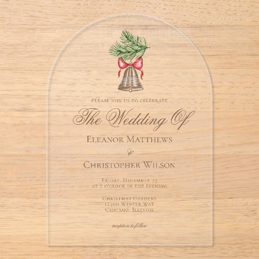 Christmas Bell & Pine Leaves Holiday Wedding Arch Acryl Uitnodigingen (Voorkant)