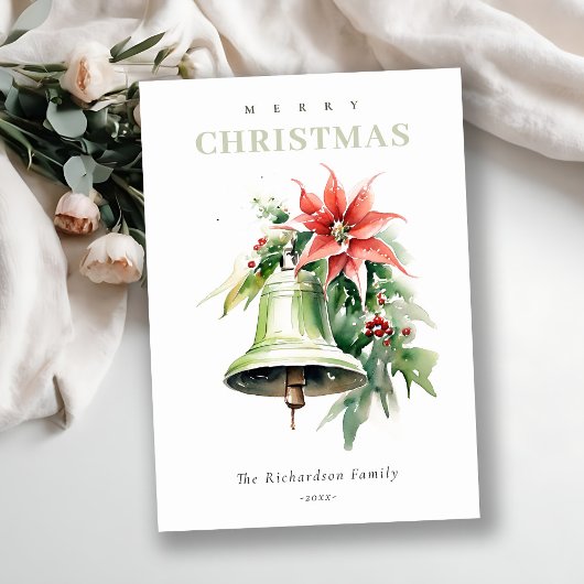 Christmas Bell Pine Poinsettia Foliage Waterverf Feestdagenkaart