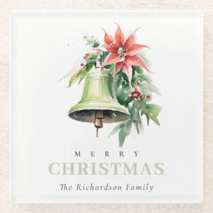 Christmas Bell Pine Poinsettia Foliage Waterverf Glazen Onderzetter