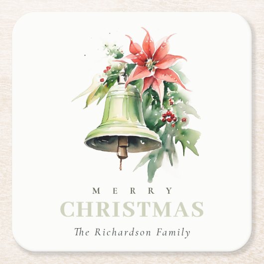 Christmas Bell Pine Poinsettia Foliage Waterverf Kartonnen Onderzetters (Voorkant)