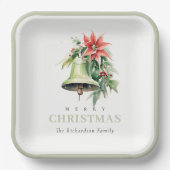 Christmas Bell Pine Poinsettia Foliage Waterverf Papieren Bordje (Voorkant)