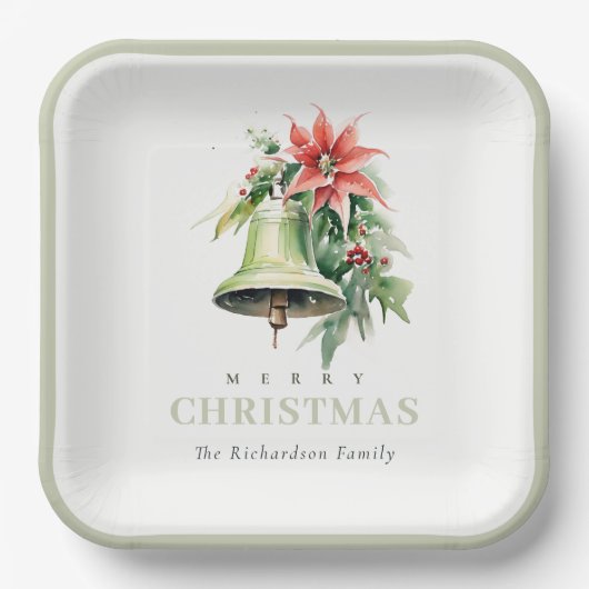 Christmas Bell Pine Poinsettia Foliage Waterverf Papieren Bordje (Voorkant)