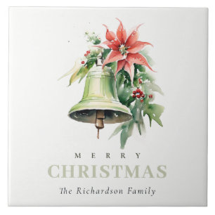 Christmas Bell Pine Poinsettia Foliage Waterverf Tegeltje