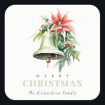 Christmas Bell Pine Poinsettia Foliage Waterverf Vierkante Sticker<br><div class="desc">Als u nog meer aanpassingen nodig hebt,  kunt u mij op yellowfebstudio@gmail.com vrij klikken.</div>