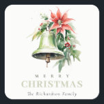 Christmas Bell Pine Poinsettia Foliage Waterverf Vierkante Sticker<br><div class="desc">Als u nog meer aanpassingen nodig hebt,  kunt u mij op yellowfebstudio@gmail.com vrij klikken.</div>
