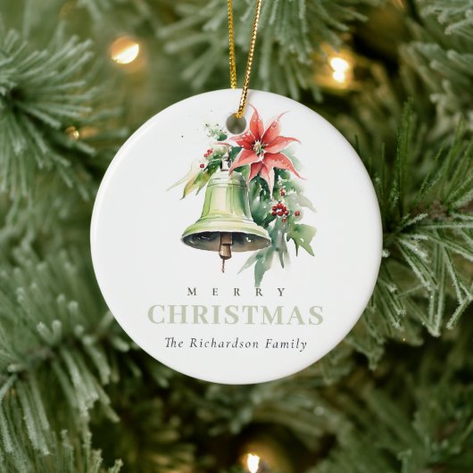 Christmas Bell Pine Poinsettia Waterverf Foto Keramisch Ornament (Boom)