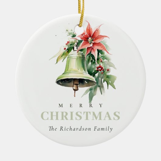 Christmas Bell Pine Poinsettia Waterverf Foto Keramisch Ornament (Voorkant)