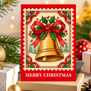 Christmas Bell Retro Postzegel Feestdagen Kaart