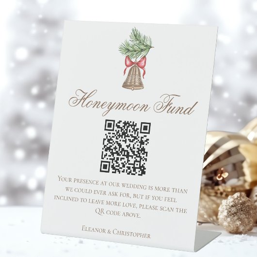 Christmas Bell Wedding Honeymoon Fund QR Code Reclamebord Met Voetstuk