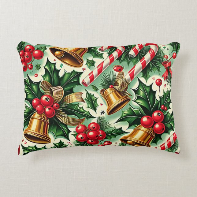 Christmas Bells holly candy canes art pattern Accent Kussen (Voorkant)