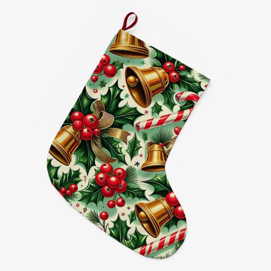 Christmas Bells holly candy canes art pattern Grote Kerstsok (Voorkant (Hangend))