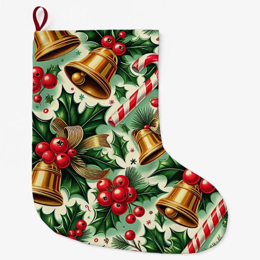Christmas Bells holly candy canes art pattern Grote Kerstsok (Voorkant)