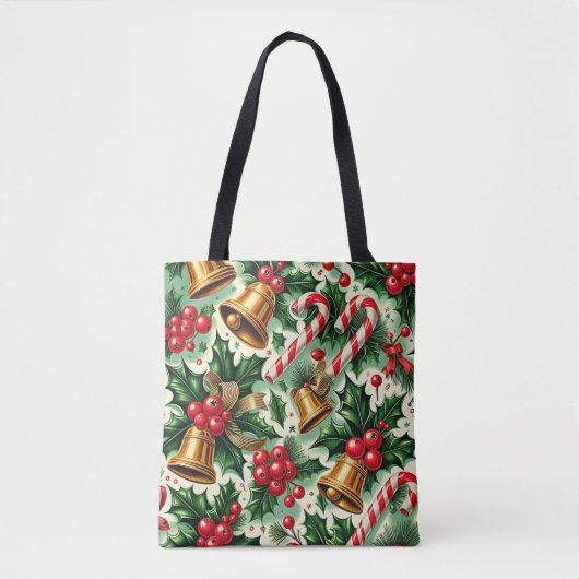 Christmas Bells holly candy canes art pattern Tote Bag (Voorkant)