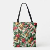 Christmas Bells holly candy canes art pattern Tote Bag (Achterkant)