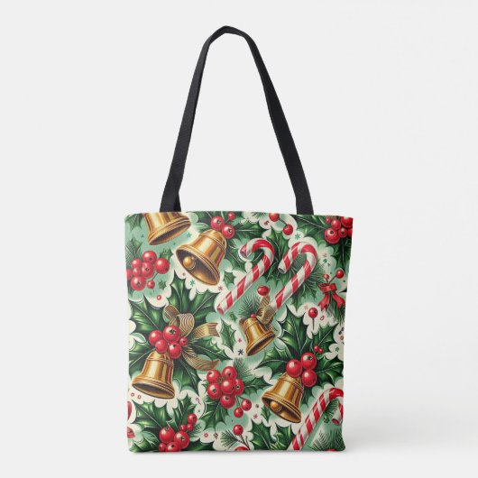 Christmas Bells holly candy canes art pattern Tote Bag (Achterkant)