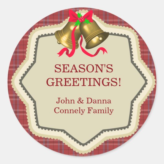 Christmas Bells Red Plaid Gift Label Sticker (Voorkant)